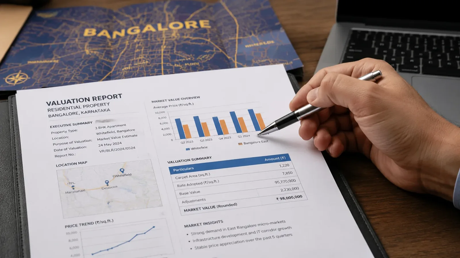 A close-up of a hand holding a pen, pointing at a section of a detailed valuation report with graphs and figures, on a desk with a laptop and a Bangalore city m