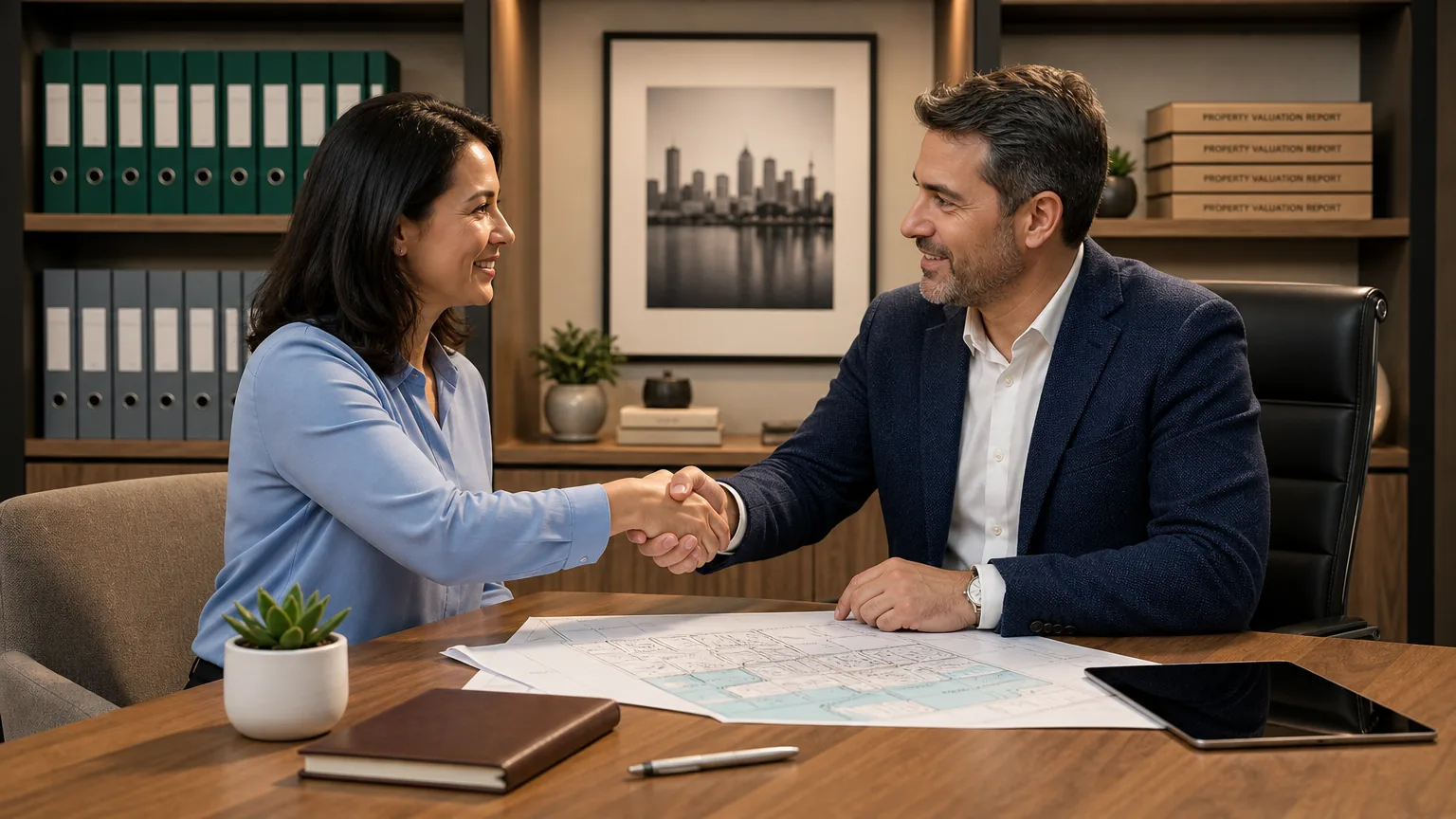 A person shaking hands with a property valuer in a professional office setting, with a property map or blueprint on the desk, emphasizing trust and professional