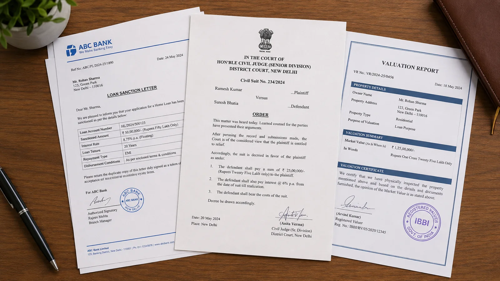 A stack of official documents including a bank loan sanction letter, a court ord
