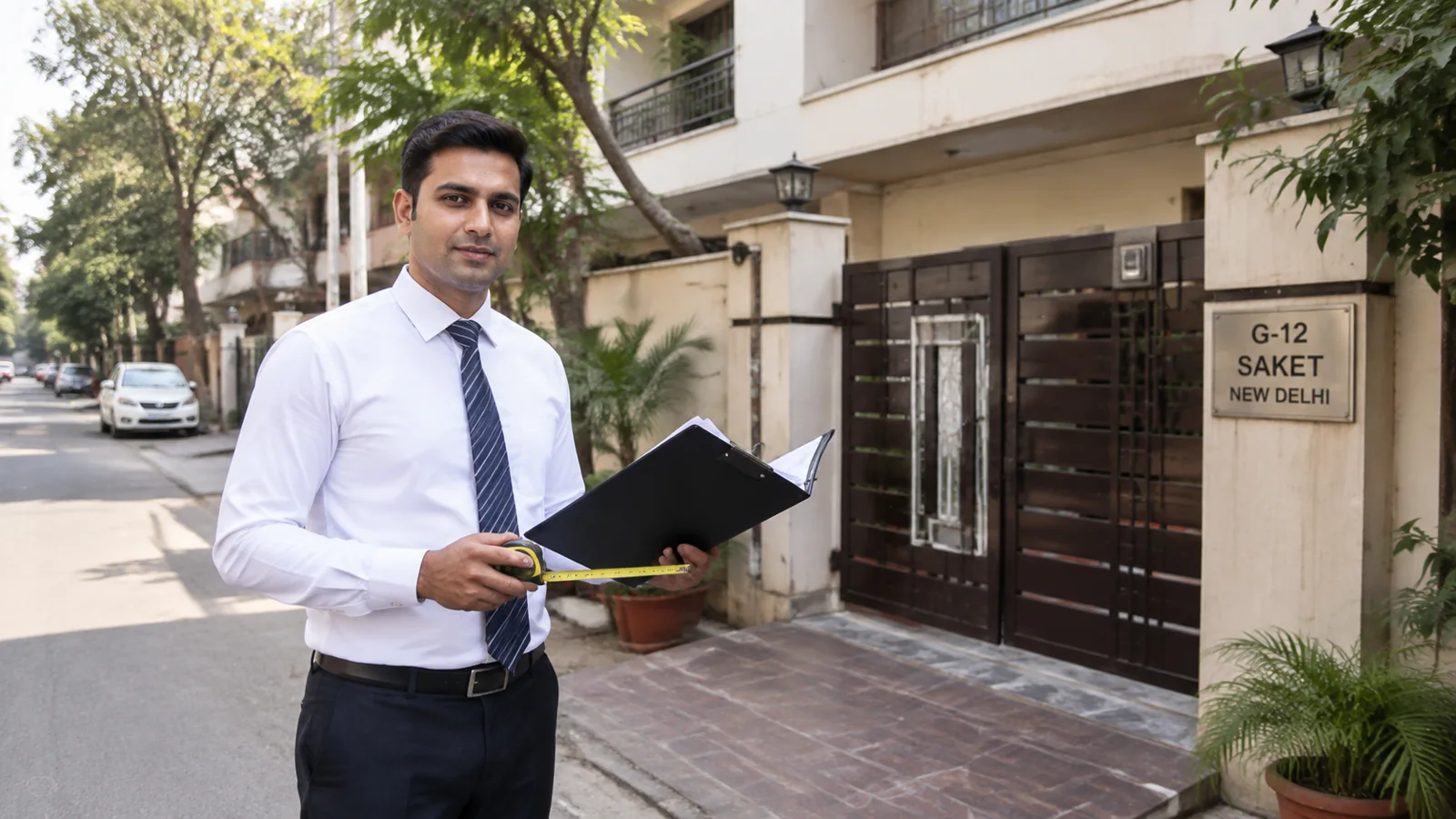 A valuer in a white shirt and a tie standing next to a property in Delhi, holdin