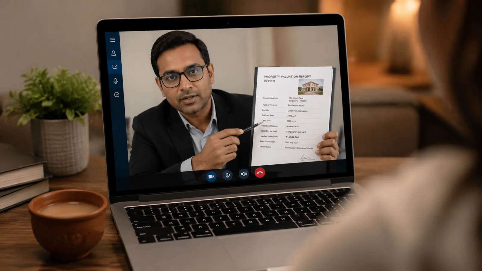A laptop screen showing a video call with a valuer pointing at a property docume