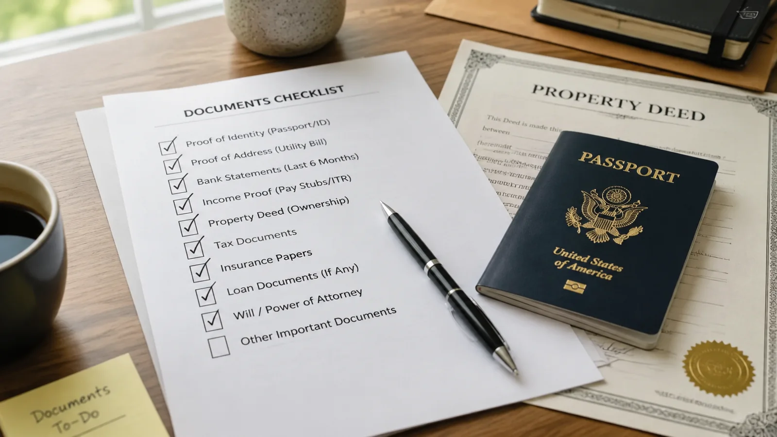 A checklist of documents on a table with a pen, a passport, and a property deed 