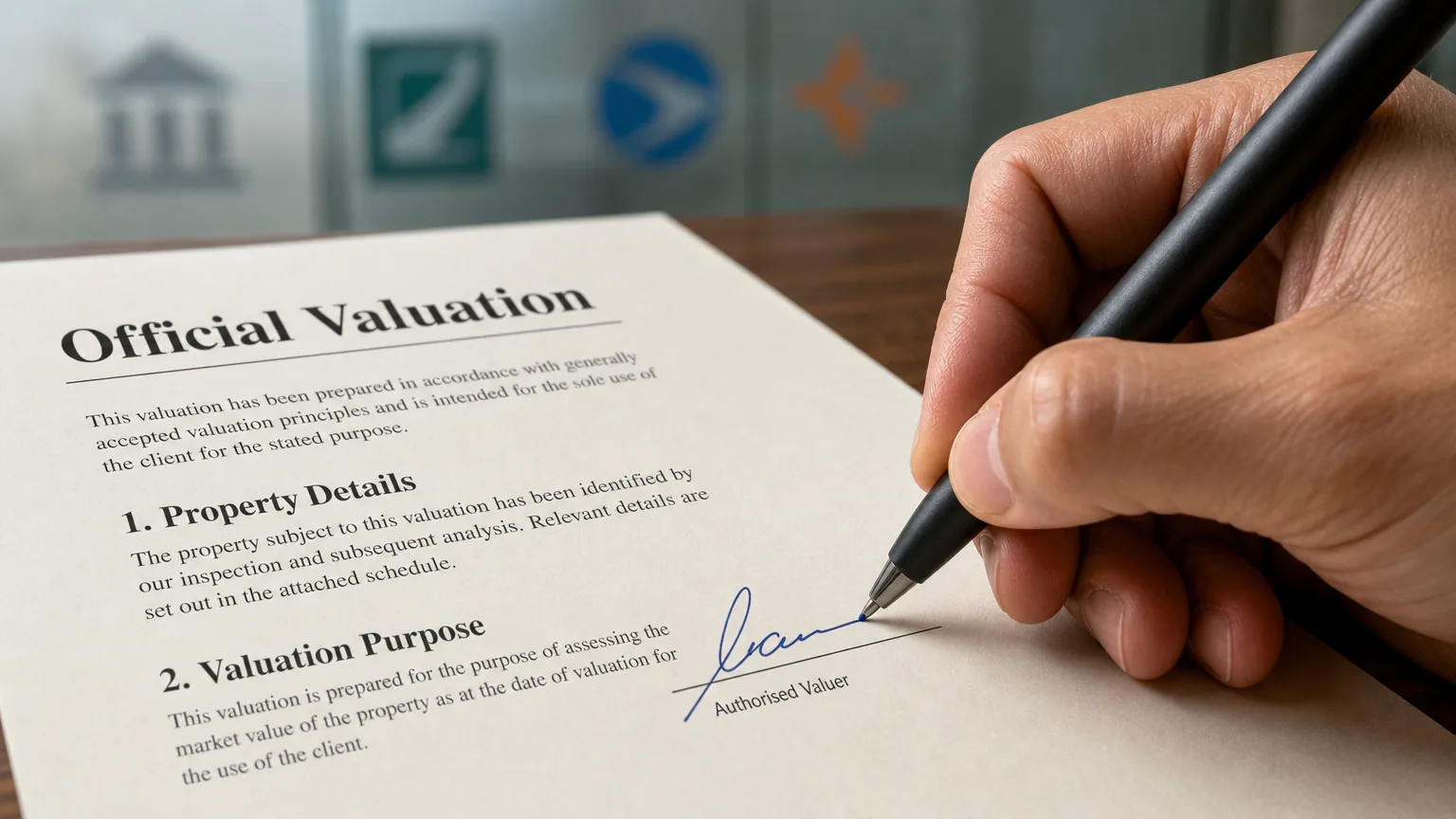 A close-up of a hand signing an official valuation document, with a blurred background of bank logos