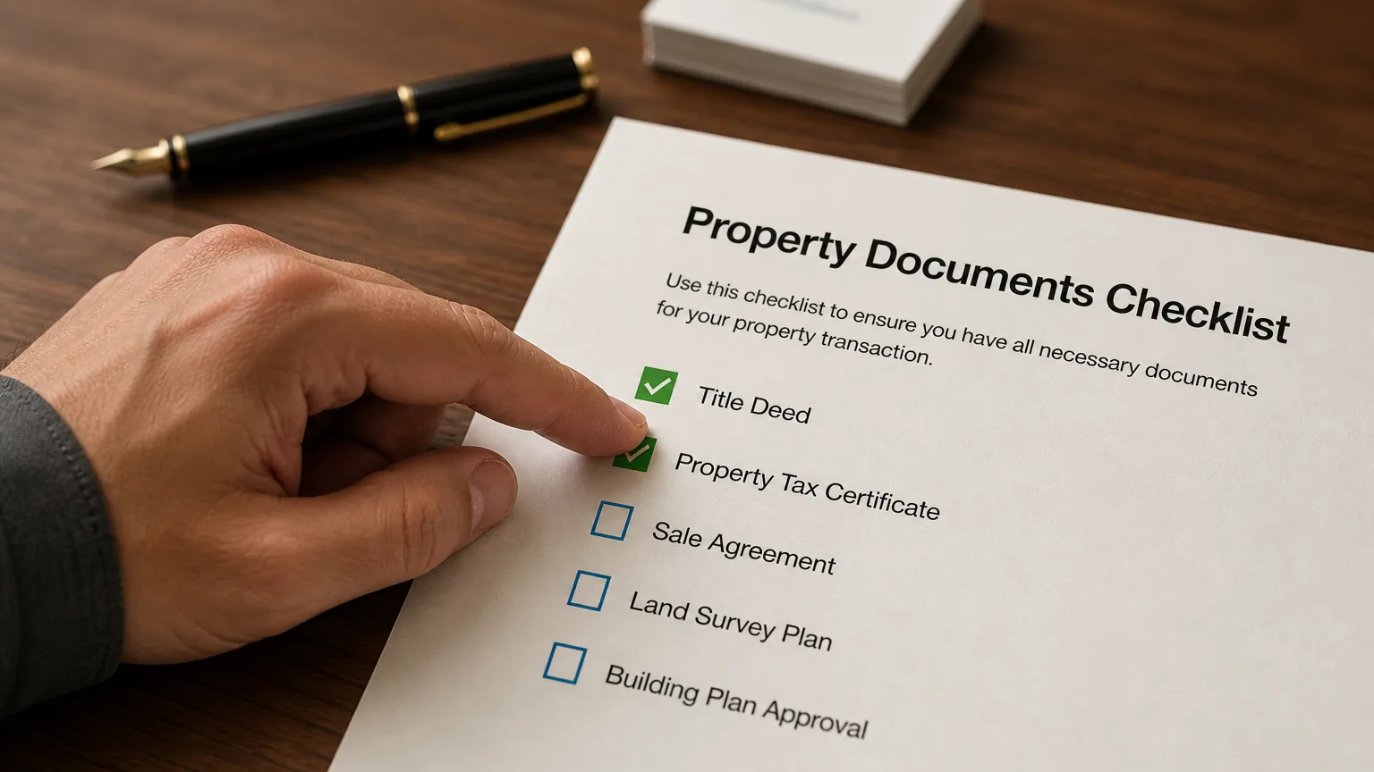 A close-up of a hand pointing to a line item on a checklist of property documents, from the article 'Property Valuation Documents for Capital Gains Tax'
