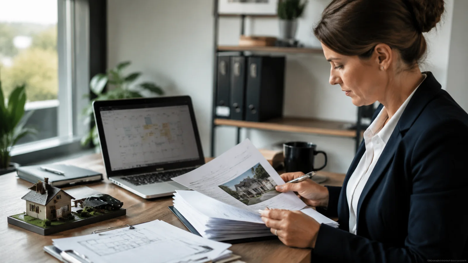 A valuer reviewing a set of property documents at a desk, with a laptop showing 