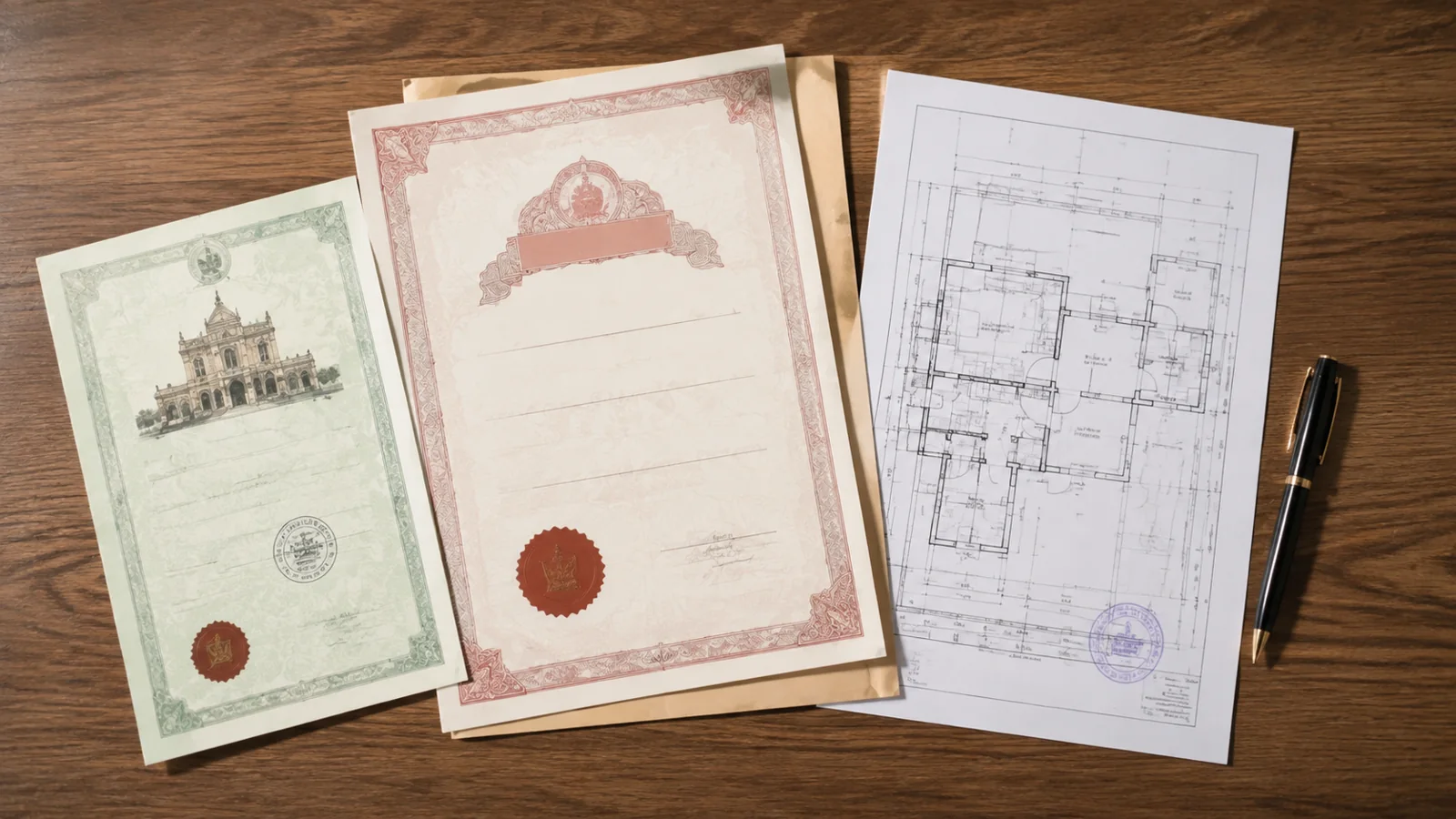 A flat lay of documents: a property tax receipt, a sale deed, an approved plan, 