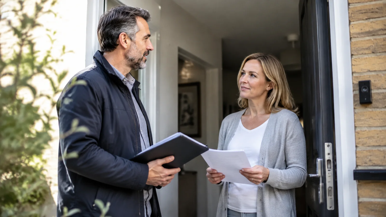 A valuer talking to a homeowner at the entrance of a flat, both holding document