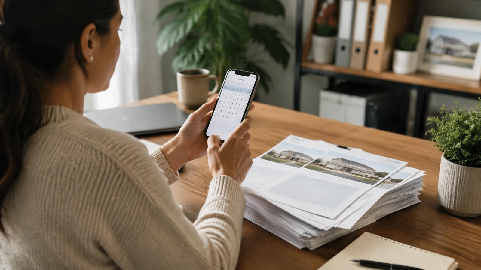 A person in a home office holding a smartphone, looking at a calendar app, with 