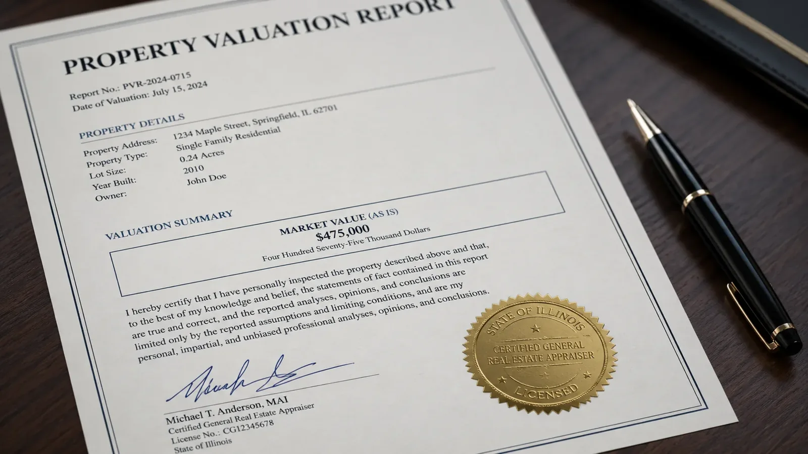 A close-up of an official property valuation report with a seal and signature, lying on a desk next to a pen