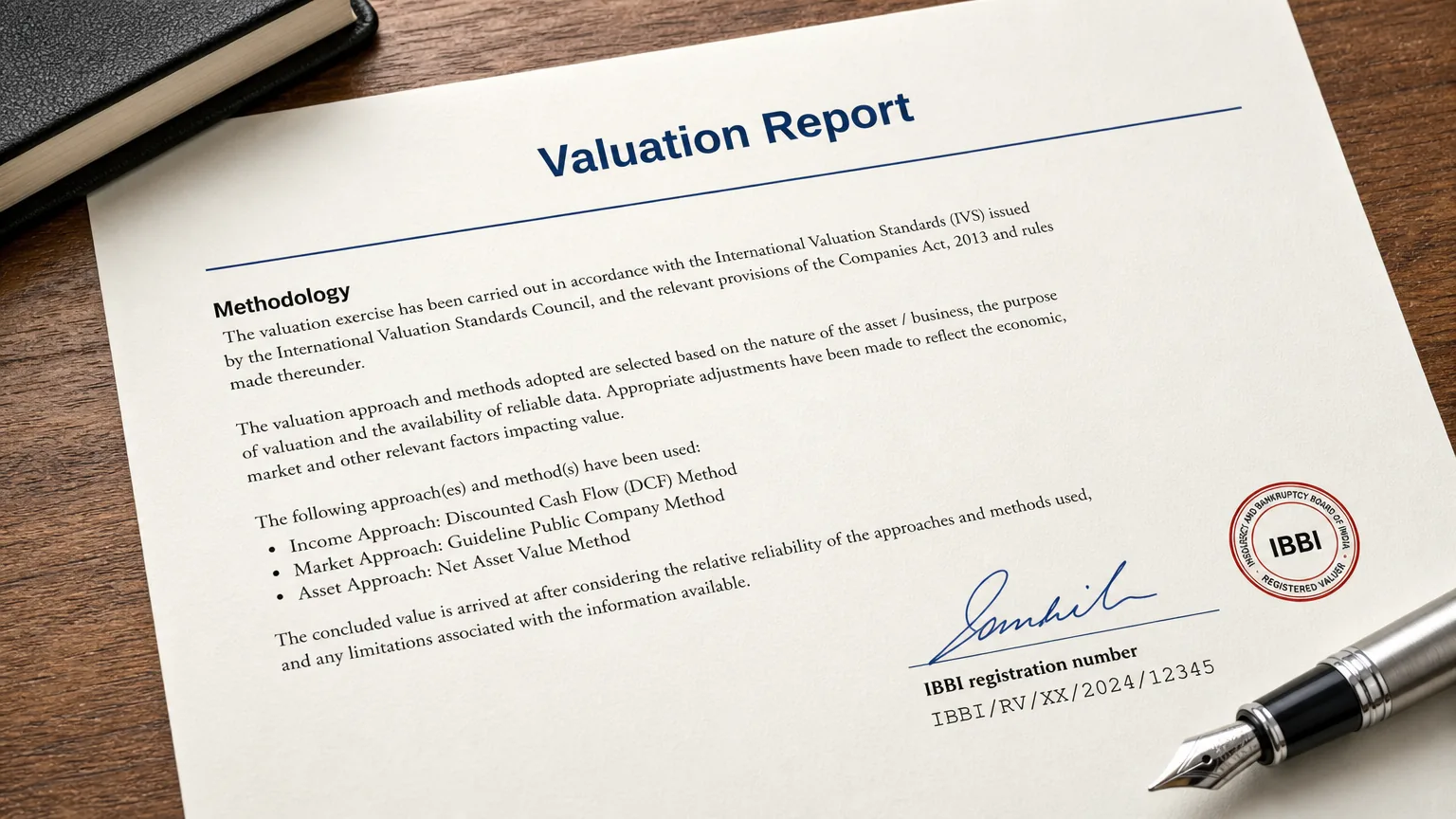 A close-up of a sample valuation report showing sections like methodology, valuer's signature, and IBBI registration number