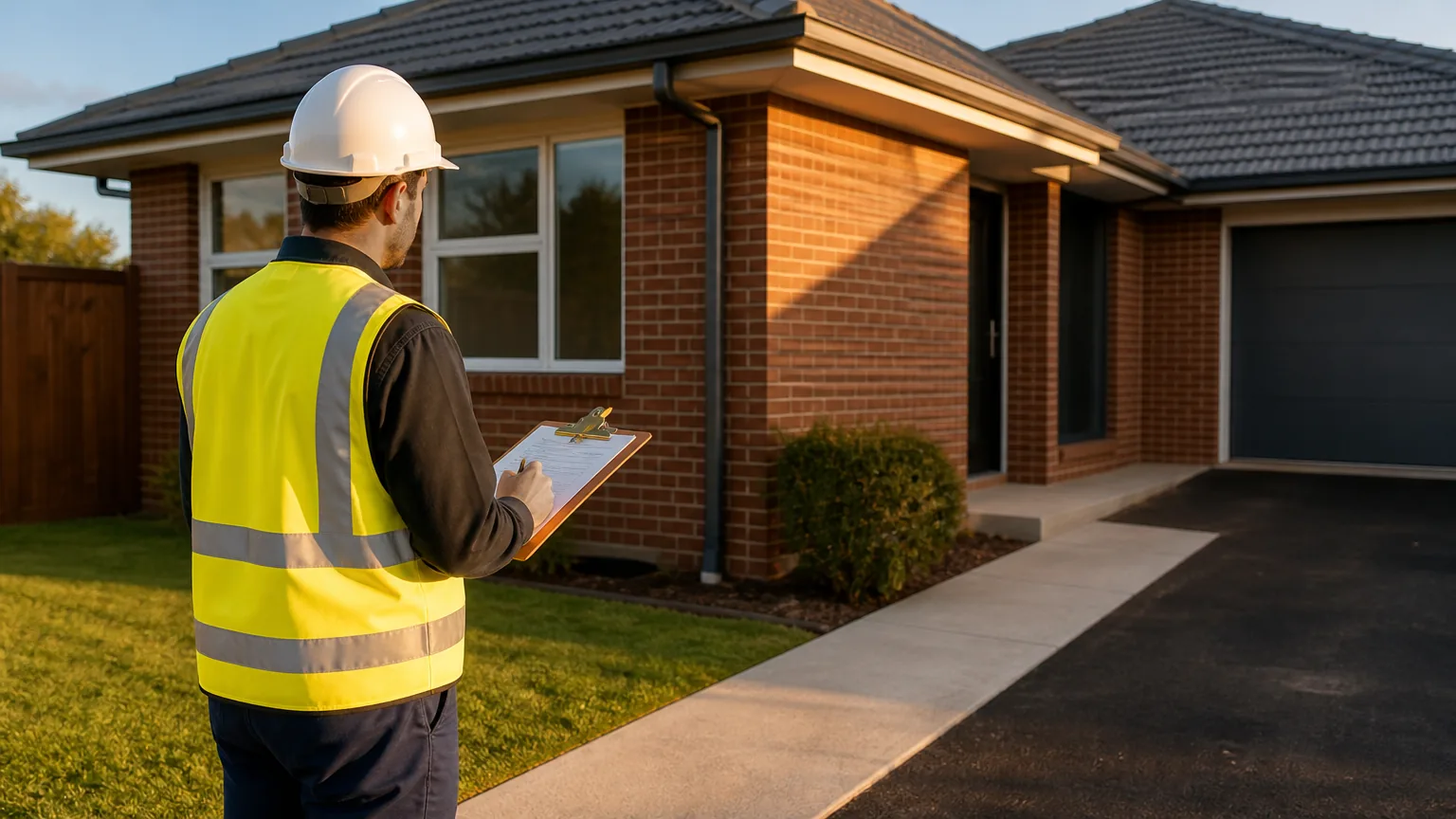 A professional valuer in a hard hat and safety vest, inspecting a property with a clipboard, emphasizing the physical inspection process